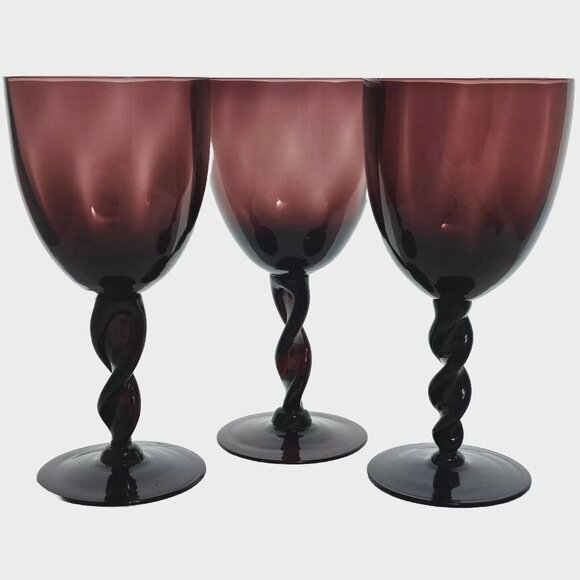 Unmarked Other - 3 Vintage Blown Glass Plum Amethyst Optic Swirl Wine Goblets 7.5" twist stems